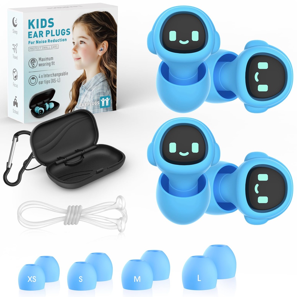 2 Pairs Kids Ear Plugs for 5-12 Yr, 27 dB Noise Reduction Extra Small Earplugs, Ear Plugs for Kids for Noise Sensitivity, Socializing, Sleep, Focus, 4 Sizes Ear Tips in XS-L (2X Blue+Cord)