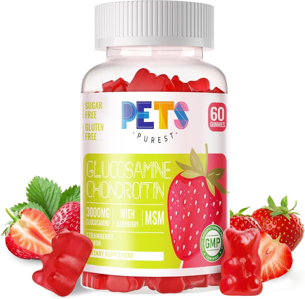 Pets Purest Glucosamine Chondroitin Gummies with MSM & Elderberry Extra Strength - Joint Support, Antioxidant Immune Support Supplement for Adults, Men & Women.Strawberry