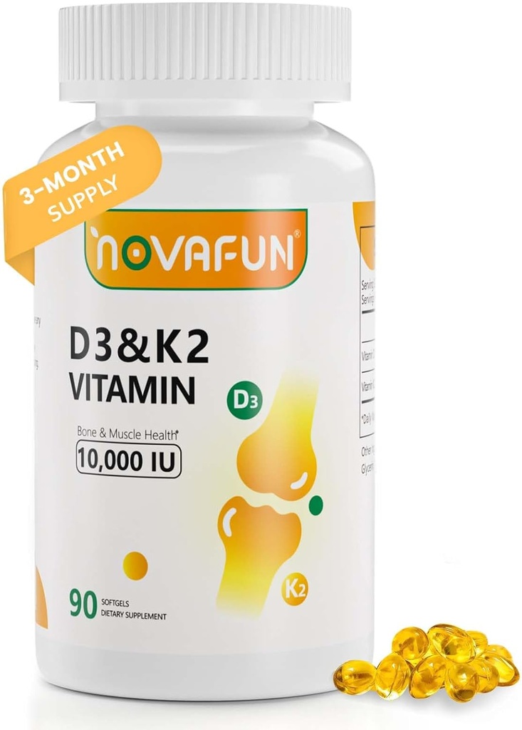 D3-K2-Vitamin-10000 IU | K2-D3-Vitamin-Supplement | with Coconut Oil for Bone, Teeth Health, Support Muscle & Heart Health, 90 Softgels