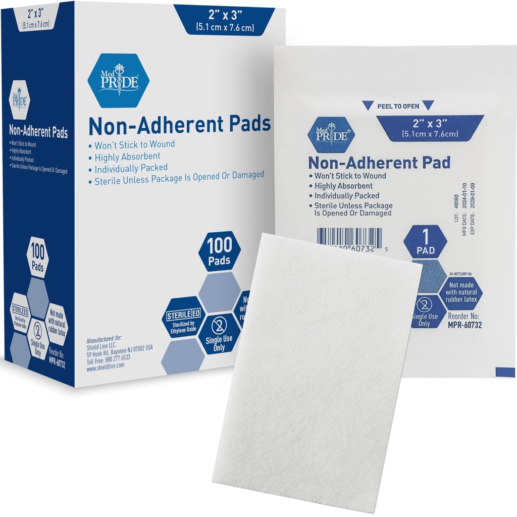 MED PRIDE Sterile Non Stick Pads for Wounds Non-Adherent Highly Absorbent Painless Removal Individually Wrapped (2x3 Inch (Pack of 100))