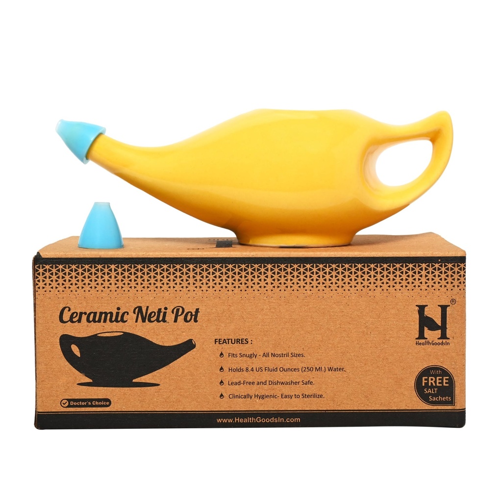 HealthGoodsIn Ceramic Neti Pot, Dishwasher Safe, Premium Handcrafted with 2 Silicone Nozzle Tip and Salt for Sinus - 225 Ml. Capacity (Yellow)