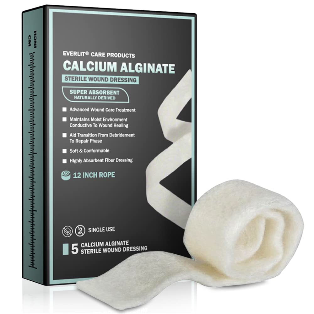 EVERLIT Calcium Alginate Wound Dressing | Gentle, Non-Stick Sterile Dressing Pad | Soft and Highly Absorbent Bandage with Soothing Gel Matrix (12" Rope | 5 Pack)