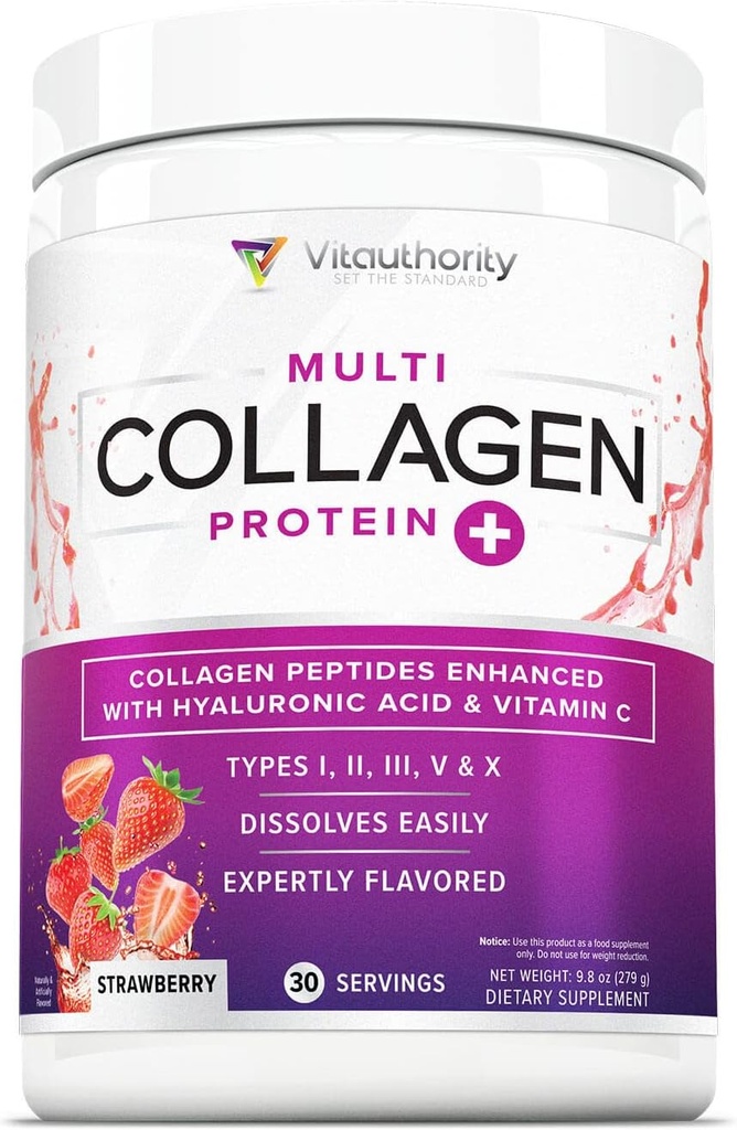 Multi Collagen Peptides Powder for Women - Hydrolyzed Flavored Collagen Powder for Women with Types I II III V & X Vitamin C & Hyaluronic Acid for Hair Skin and Nails (Strawberry) - 30 Servings
