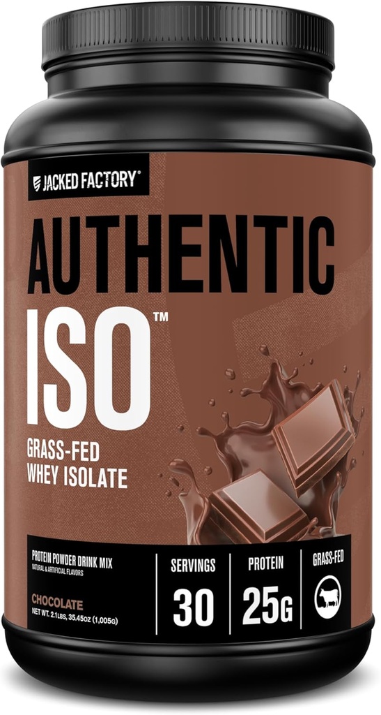 Jacked Factory Authentic ISO Grass Fed Whey Protein Isolate Powder - Low Carb, Non-GMO Muscle Building Protein w/No Fillers, Post Workout Recovery, Chocolate