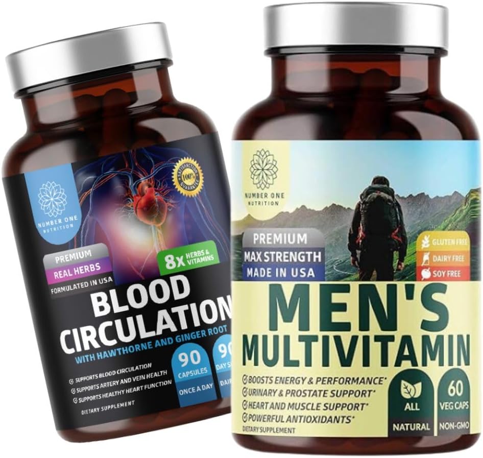 Number One Nutrition N1N Premium Men's Daily Multivitamin [Vitamins A C E D, Magnesium, Zinc] and Blood Circulation Supplement [8 Powerful Herbs & Vitamins], 2 Pack Bundle