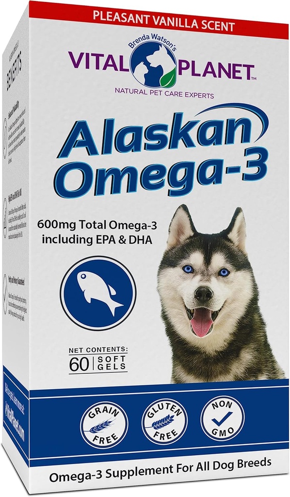 Vital Planet - Alaskan Omega-3 Fish Oil Supplement for Dogs with 600mg of Omega-3, High in DHA and EPA from Sustainably Harvested Wild Caught Cold Water Fish, 60 Vanilla Softgels