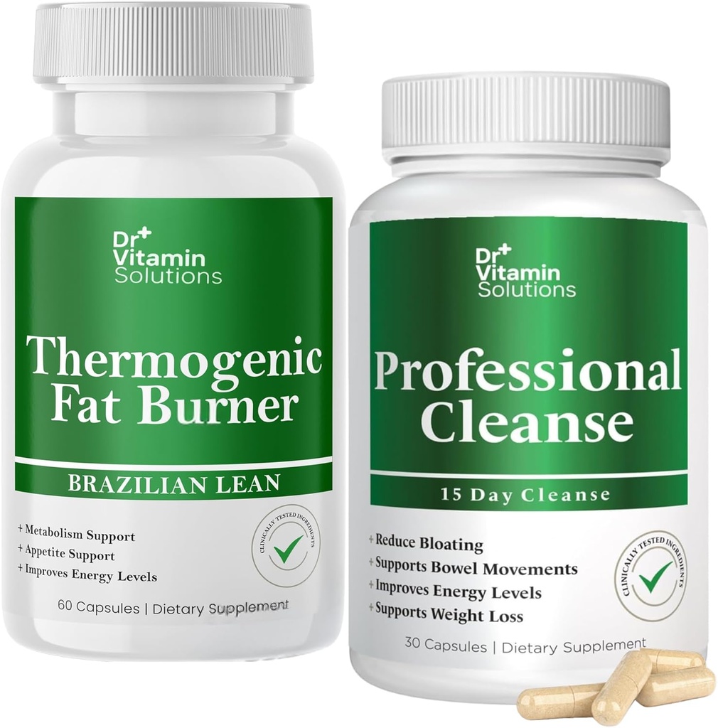 DR VITAMIN SOLUTIONS Thermogenic Fat Burner and Detox Cleanse Bundle - 15 Day Cleanse for Weight Management, Gut Health, and Bloating Relief - 90 Capsules