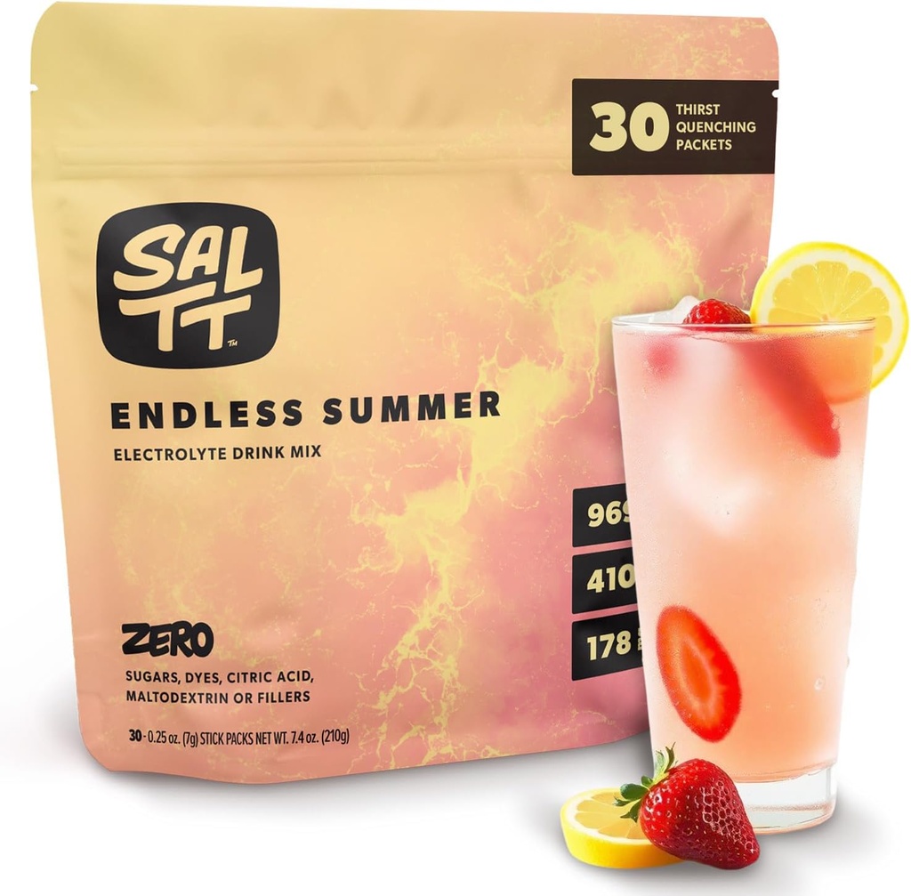 SALTT Electrolytes Powder Flavored Drink Mix - Endless Summer - 30 Hydration Packets - Magnesium, Potassium, Sodium, Trace Minerals - Zero Sugar & Gluten Free - Travel Essentials