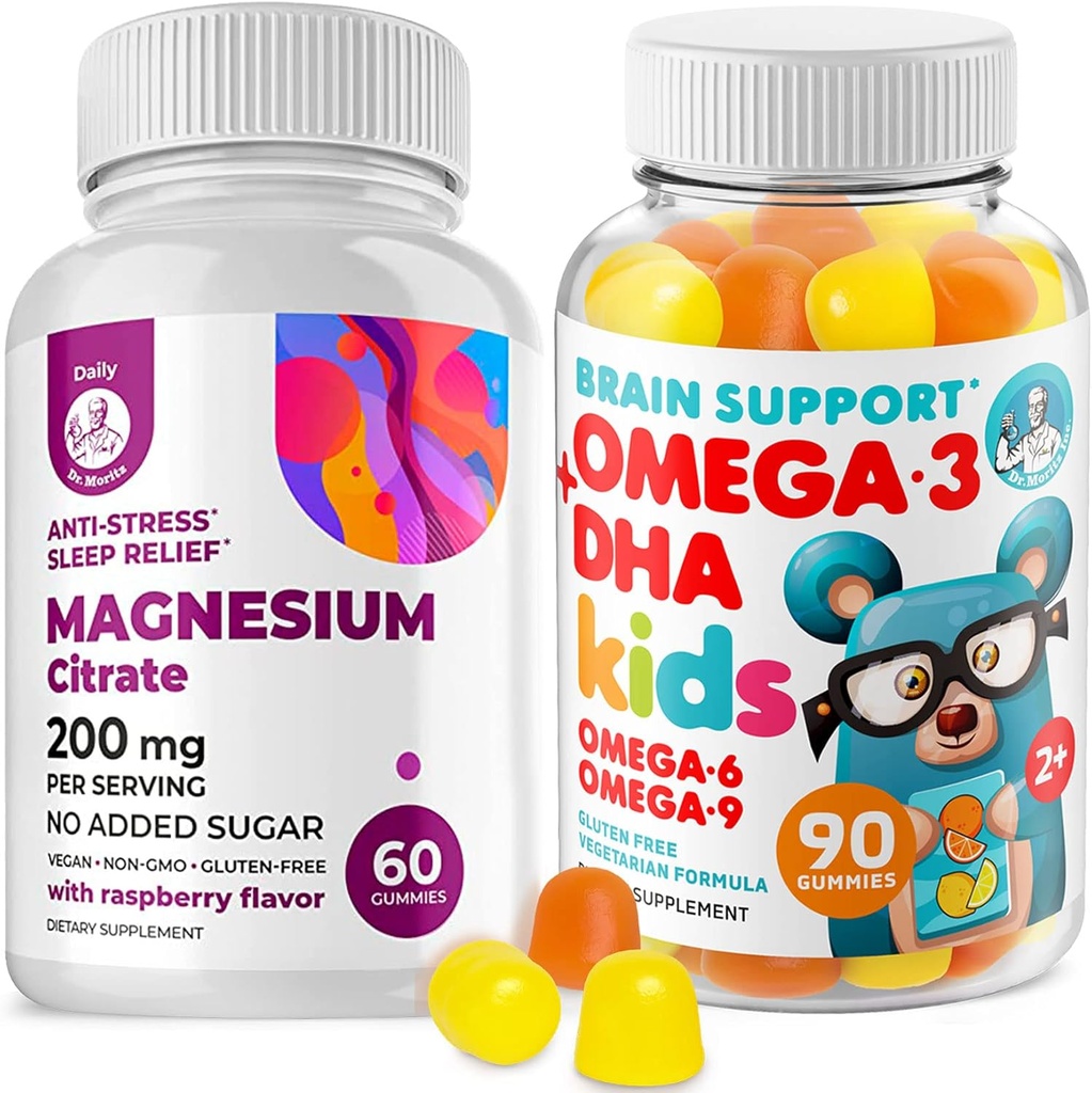 Omega3 Gummies for Kids with Omega 6&9 and Magnesium Gummies - DHA Children Brain Supplement for Heart and Vision Support – No Fish Oil and Gluten Free Immune Health with Sugar-Free Magnesium