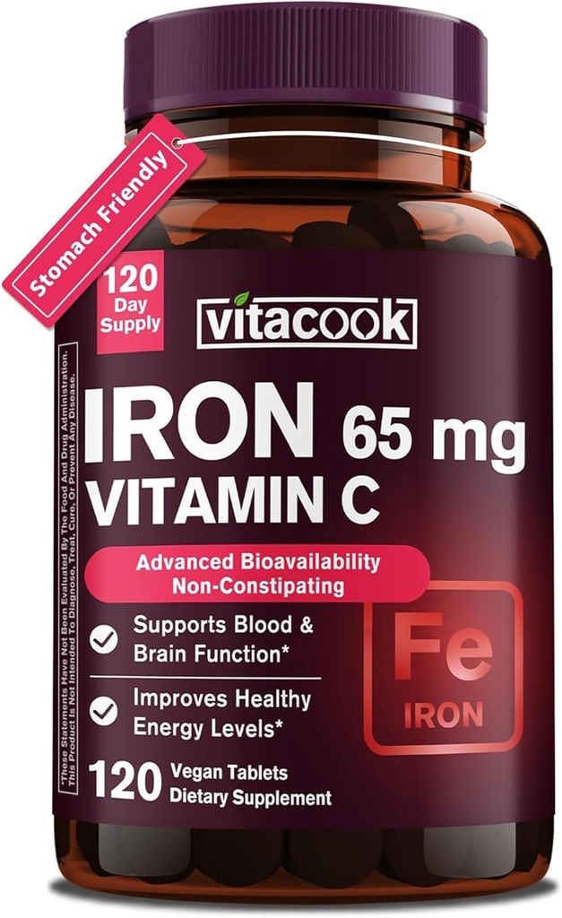 Iron Supplement for Women Men, High Potency Iron 65mg with Vitamin C 250mg, Stomach Friendly Iron Pills for Red Blood Cell & Immune Support, Non-GMO & Gluten Free,120 Vegan Tablets