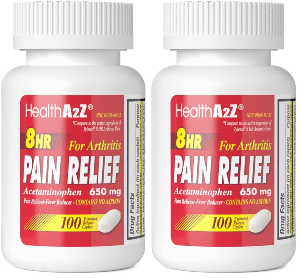 HealthA2Z® Pain Relief Extended Release | Acetaminophen 650mg | 8 Hours | Arthiritis Pain | Pain Reliever - Fever Reducer | Contains no Aspirin (100 Count) (Pack of 2)