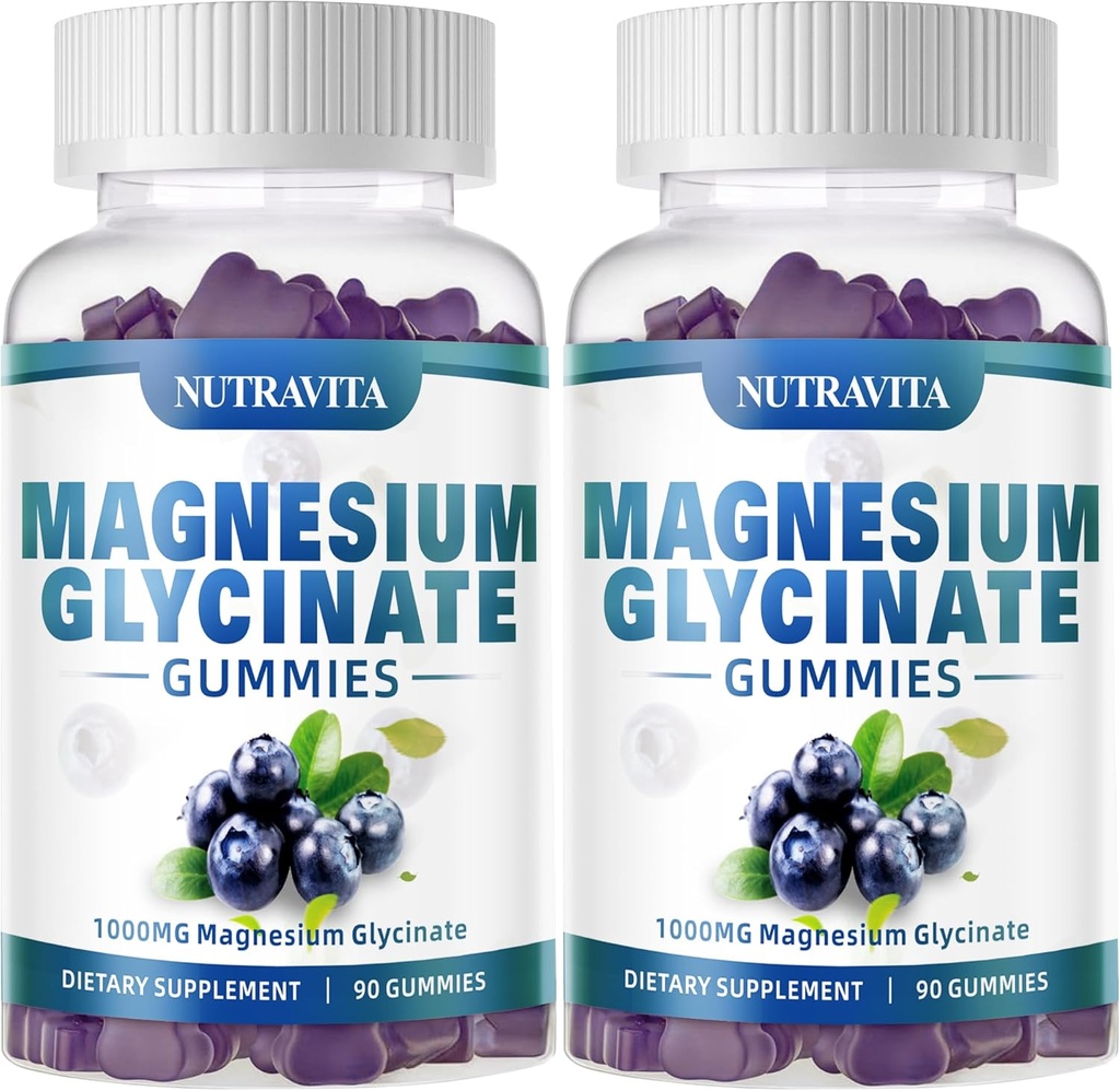 Magnesium Glycinate Gummies 1000mg with Magnesium L-Threonate,Chelated Magnesium Potassium Complex Supplement with VitD, B6, CoQ10, Calcium,Supports for Memory, Calm, Mood - 180 Gummies Blueberry