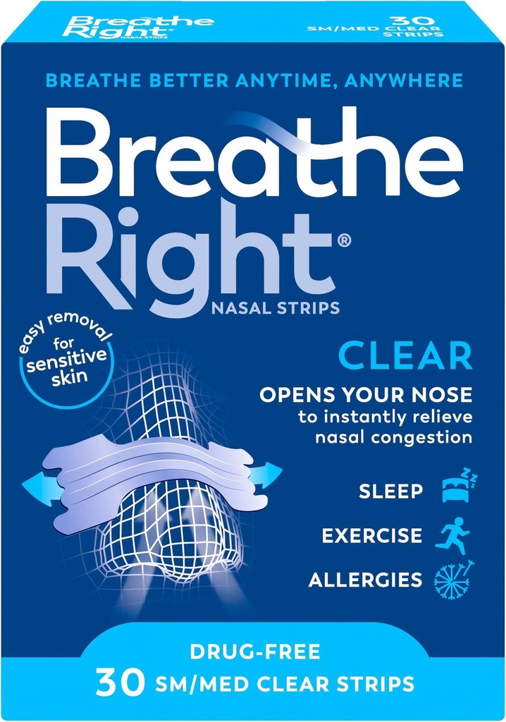 Breathe Right Clear Nasal Strips Medium 30 Pack for Sensitive & Dry Skin – Anti Snoring & Nasal Congestion Relief, Blocked Nose Relief, Instant Breathing Support for Sleep & Exercise, Men & Women
