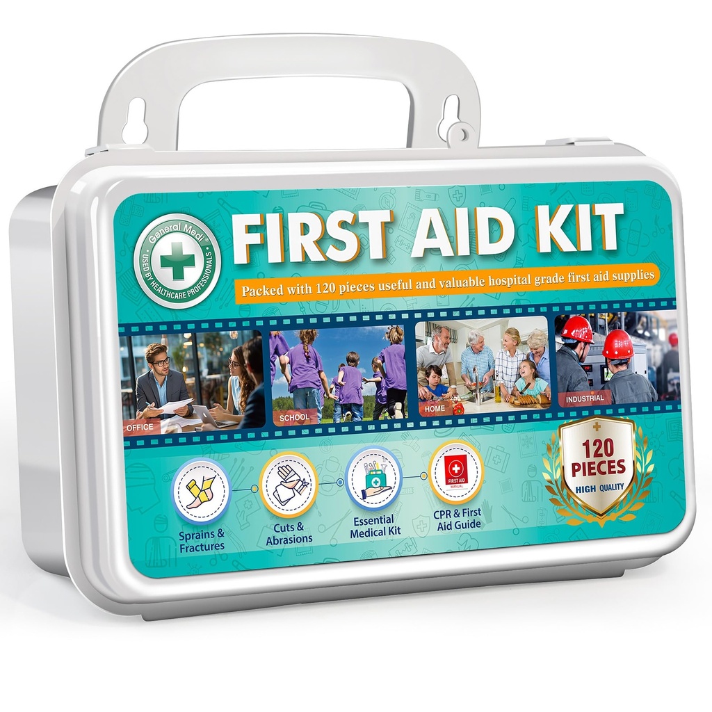 General Medi 120 Pieces Hardcase First Aid Kit - Includes Instant Cold Pack, Emergency Blanket for Travel, Home, Office, Vehicle, Camping, Workplace & Outdoor