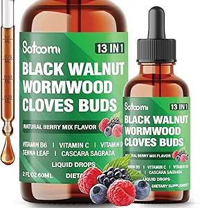 Satoomi 13in1 Black Walnut Liquid Drops with Wormwood, Cloves, Vitamin B6, Vitamin C, Vitamin D, Senna, Cascara Sagrada and 5 More - 2 Fl Oz for 60 Days - Berry Mix Flavor