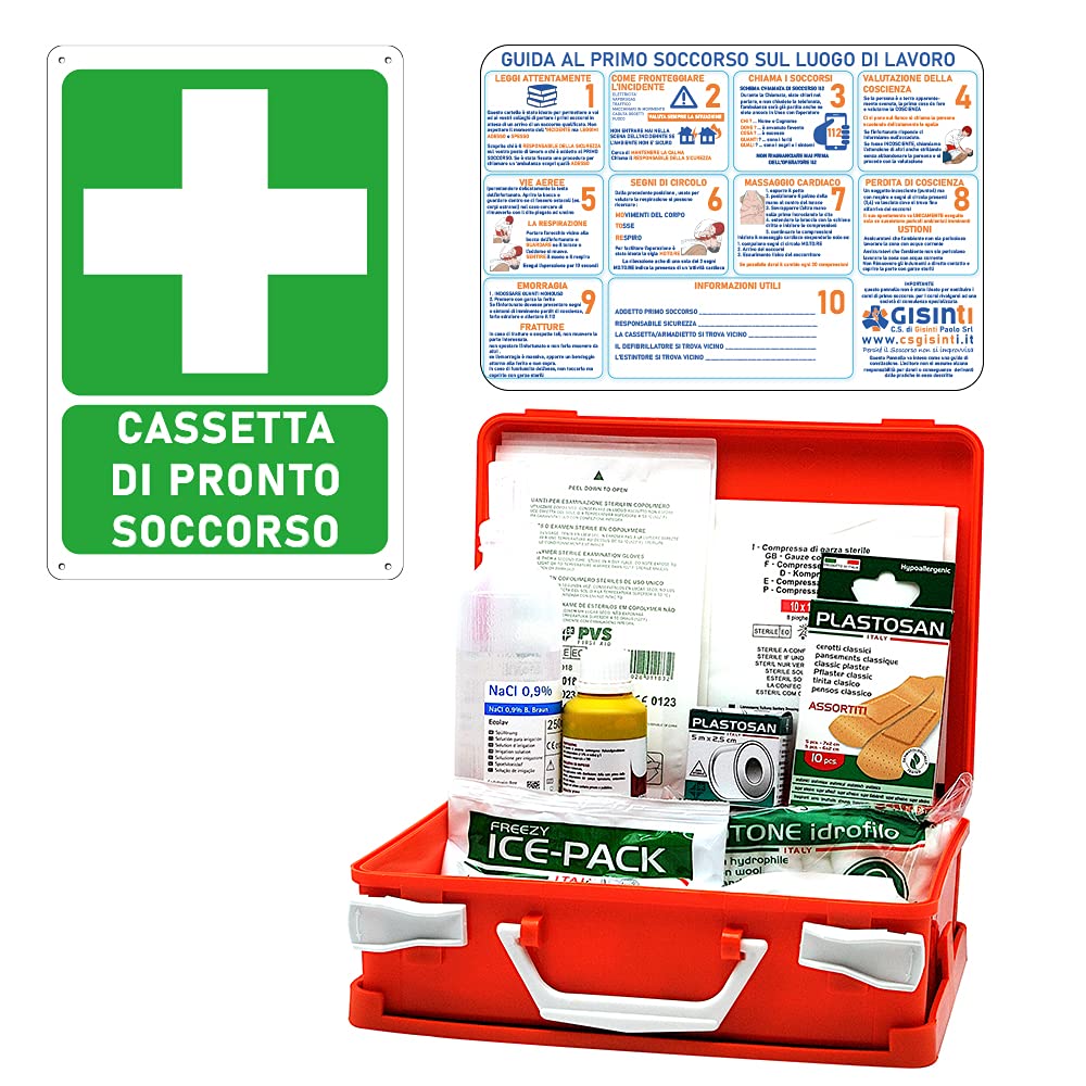 Gisinti First Aid Kit All.2 for Companies Under 3 Workers Group C + PVC Sign, 30 x 20 cm, Orange