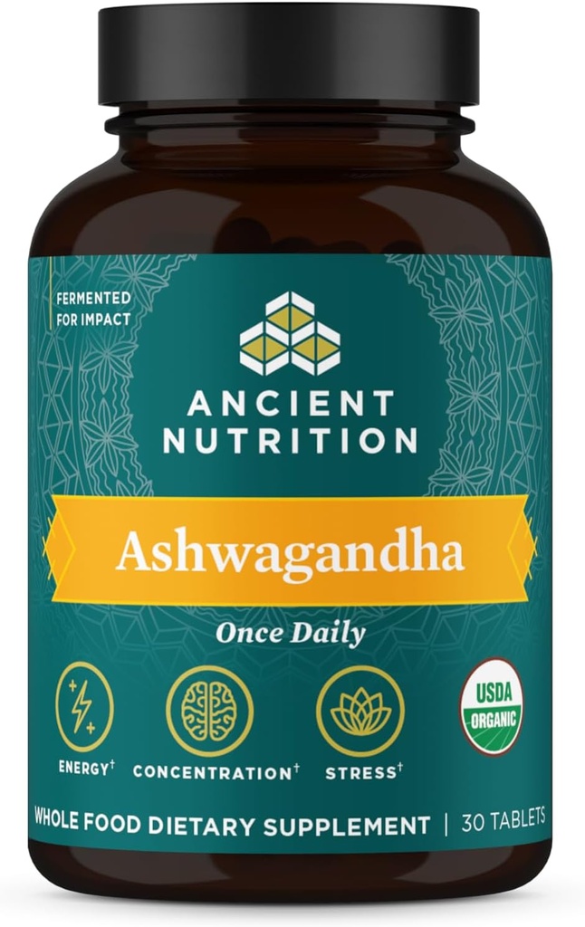 Ancient Nutrition Ashwagandha Tablets, Stress Relief, Supports Energy, Mental Clarity and Concentration, Reduces Fatigue and Anxiousness, Paleo and Keto Friendly, 30 Capsules