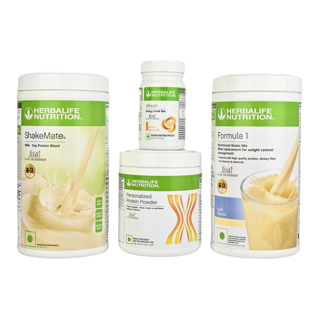 HERBALIFE Formula 1 Shake Kulfi Flavor 500g, Protein 200g, Afresh Peach 50g, Shakemate Nutrition Drink 500g (Pack of 4)