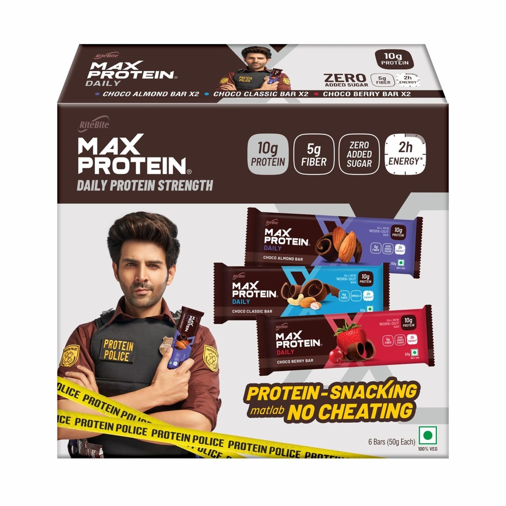 RiteBite Max Protein Daily Assorted Protein Bars with 10g Protein, 5g Fiber & 21 Vit. & Minerals | 0 Added Sugar, No Cholesterol & Trans Fat For Upto 2h of Energy, Healthy Snack, 50g (Pack of 6)