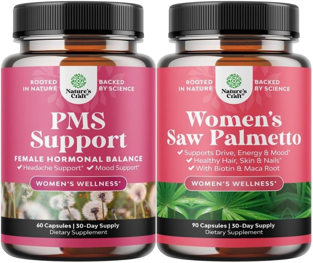 Bundle of PMS Support and Saw Palmetto for Women - Hormone Balance with DIM, Chasteberry, Black Cohosh & Ashwagandha for Period Cramps and Saw Palmetto Extract with Maca Root & Biotin for Hair Loss