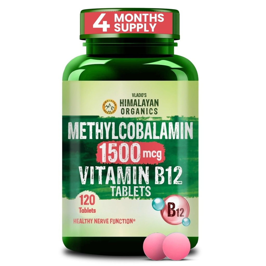 Vlado's Himalayan Organics Vitamin B12 Tablets 1500 mcg -Active form of Methylcobalamin Vitamin B12 Supplements for Men & Women- 120 Veg Tablets (4 Months Supply Pack)