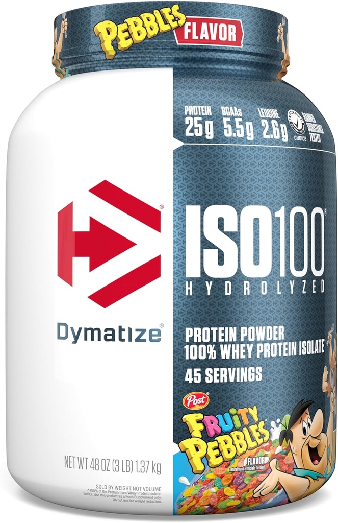 Dymatize x Fruity Pebbles ISO100 Whey Protein Powder Isolate, 25g of Protein, 5.5g BCAAs, 120 Cal., Gluten Free, 1g Fat, 1g Sugar, 2g Carb (45 Servings)