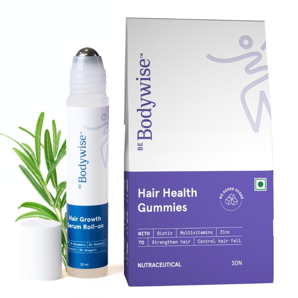 Be Bodywise Hair Growth Pack, 30 Day Pack, Biotin Hair Gummies (30 Gummies) & Rosemary Hair Growth Serum (Roll-On) 25Ml, For Hair Fall & Hair Thinning