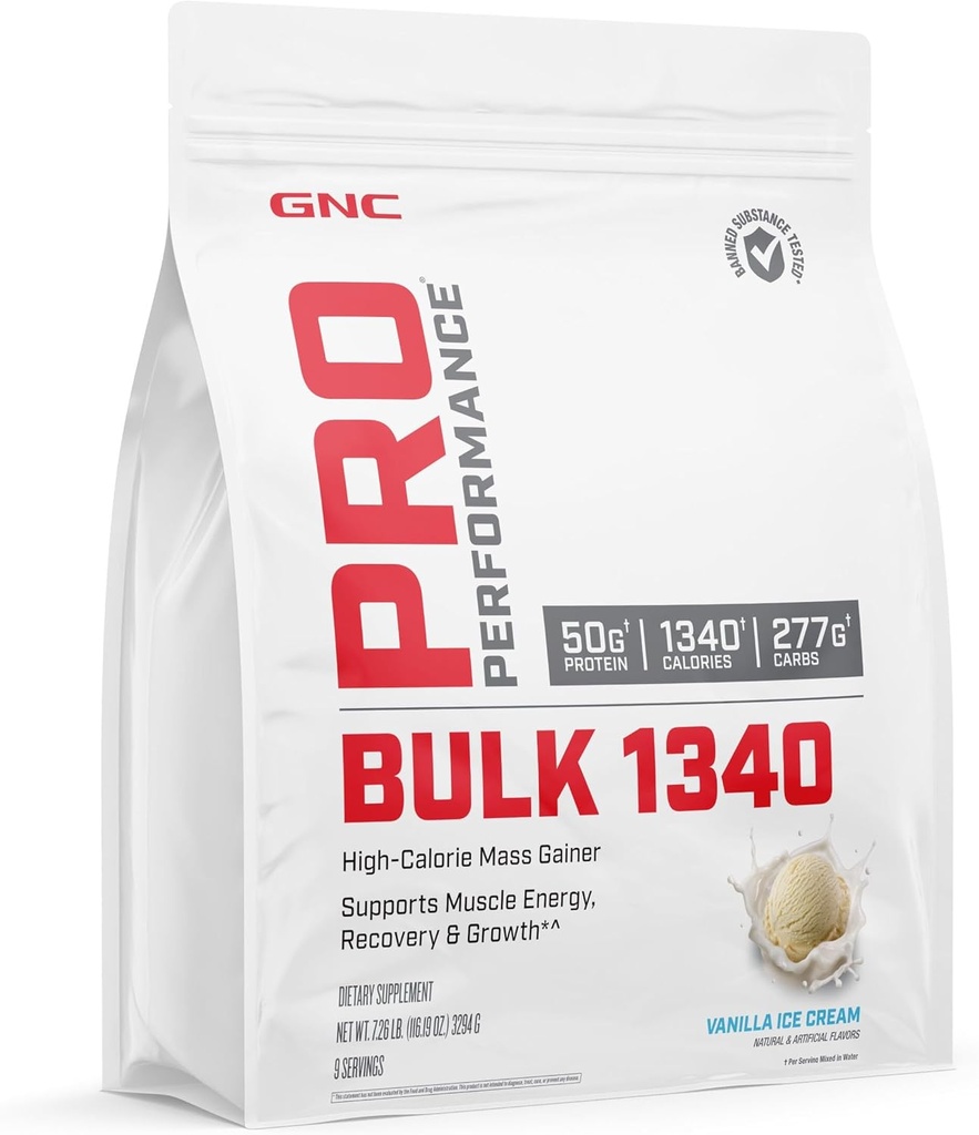 GNC Pro Performance Bulk 1340 Mass Gainer Protein Powder, 50g, Gluten Free, Whey, Creatine, BCAA, 3rd Party Tested, Muscle Recovery & Growth, Micronutrients, Vanilla Ice Cream, 9 Servings