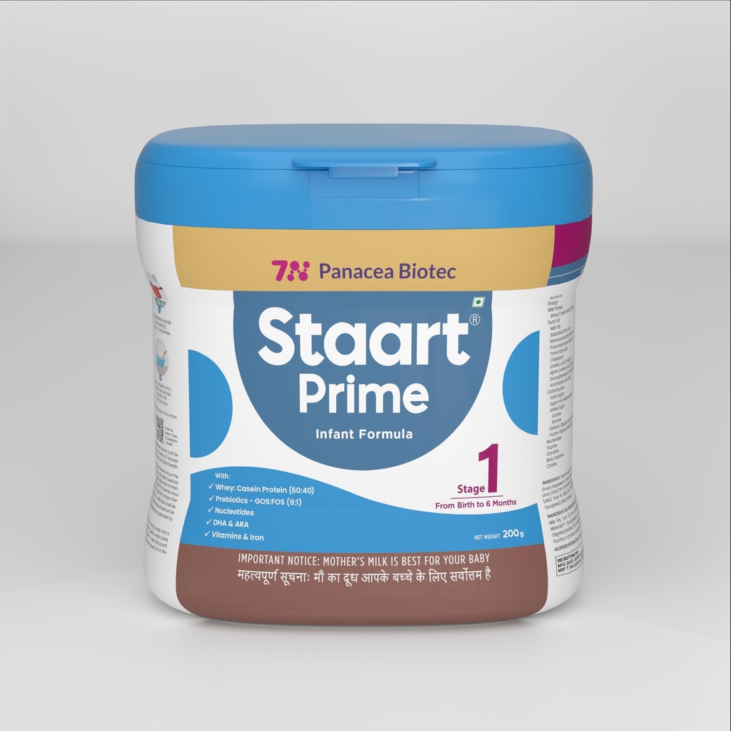 Staart Prime Infant Formula 200g | Protein (Whey: Casein) in 60:40 ratio, Prebiotics (GOS: FOS) in 9:1 ratio, Nucleotides & DHA + ARA (1:1) | No Palm Olein Oil, No Maltodextrin, No Fructose, No High Fructose Corn Syrup, No Table Sugar (Stage 1 (0-6 Months))