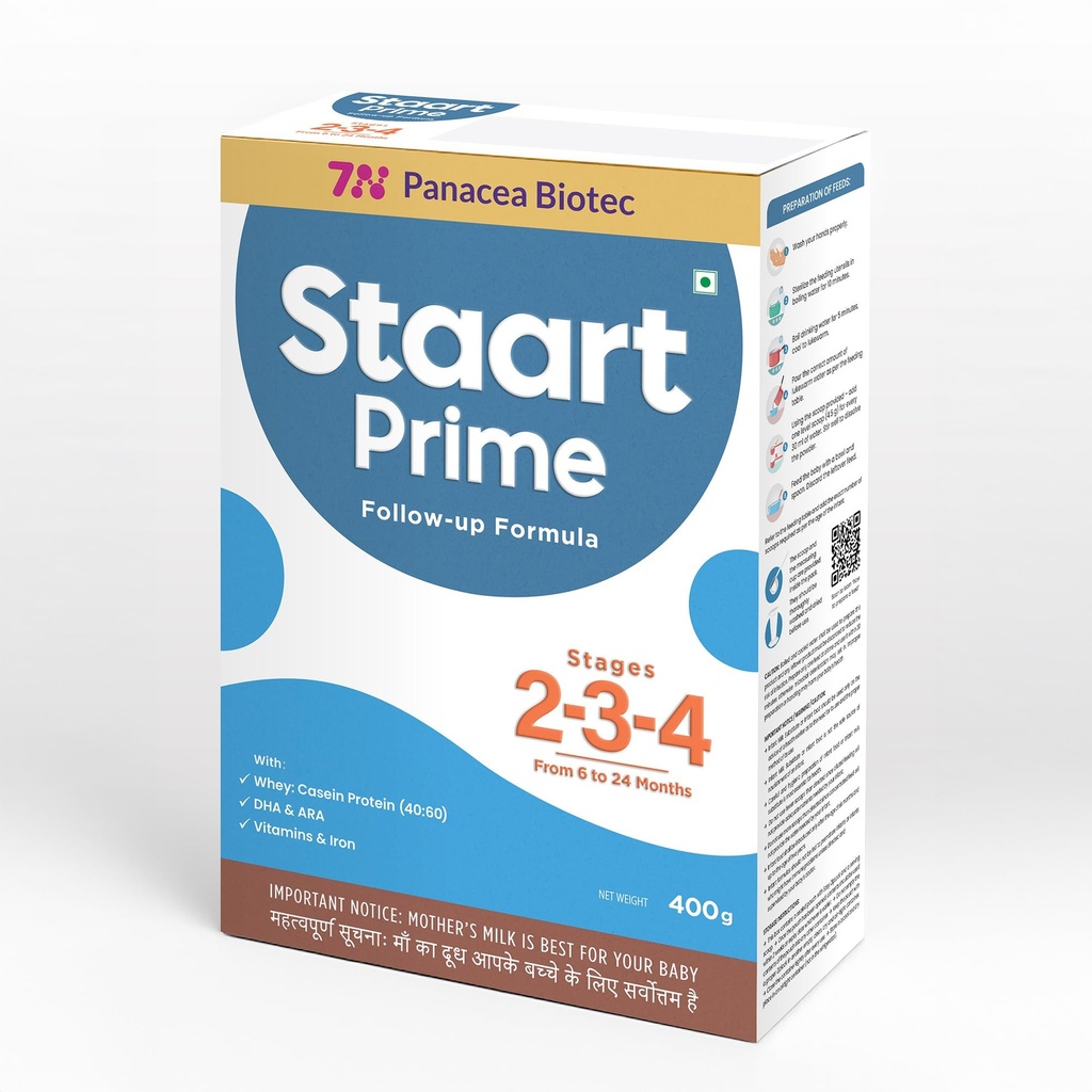 Staart Prime Follow-up Formula for Stages 2-3-4 (6 to 24 Months) | Whey:Casein (40:60) & Plant based DHA + ARA (1:1) | No Palm Olein Oil, No Maltodextrin, No Fructose, No High Fructose Corn Syrup, No Table Sugar