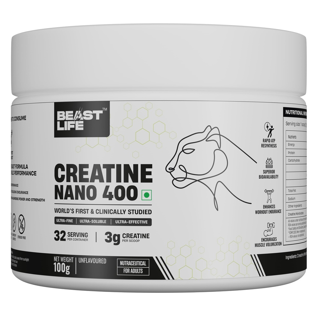 BeastLife Creatine Nano 400 | Unflavored | 100 Gm | 32 Serving | World’s First Finest & Clinically Studied Creatine | Ultra Fine, Ultra Soluble, Ultra Effective | Zero Sugar | NABL Lab Tested | Premium Sports Nutrition for Strength & Performance