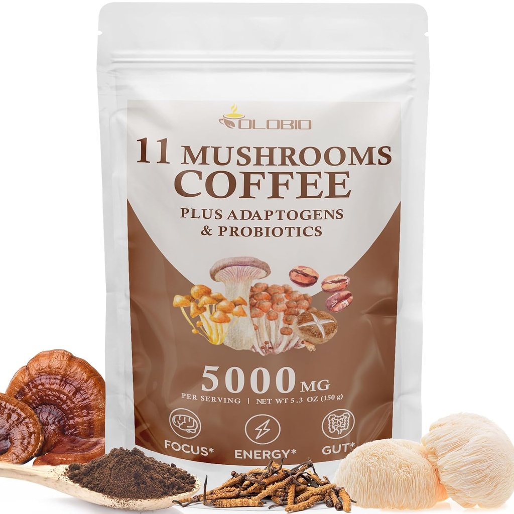 Mushroom Coffee, 11 Organic Mushrooms Plus Adaptogens & Probiotics, with Lion's Mane, Chaga, Reishi, Cordyceps Complex, Instant Coffee for Focus, Energy, Gut, Digestion, Immunity - 5.3oz