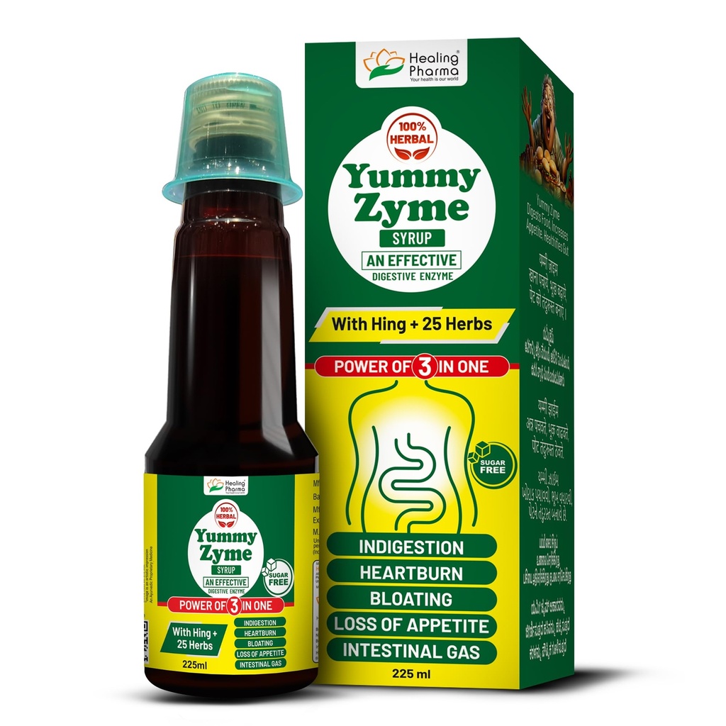 Healing Pharma - Yummy Zyme Digestive Enzyme Syrup | Ayurvedic Digestive Tonic with Hing & 25 Herbs | Relieves Indigestion, Bloating, Heartburn & Intestinal Gas | Sugar Free | 225 ml