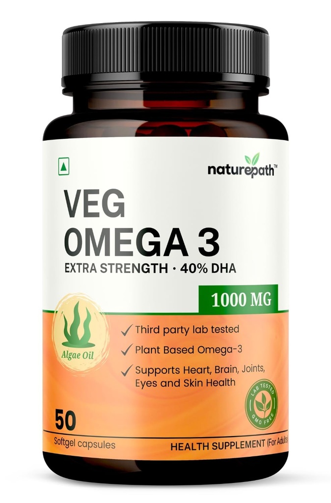 NaturePath Vegetarian Omega 3 | 1000mg Premium Algal Oil | 400mg DHA | Plant-Based Omega-3 Supplement | Supports Heart, Brain & Skin Health | 3rd Party Lab Tested | 50 Veg Capsules