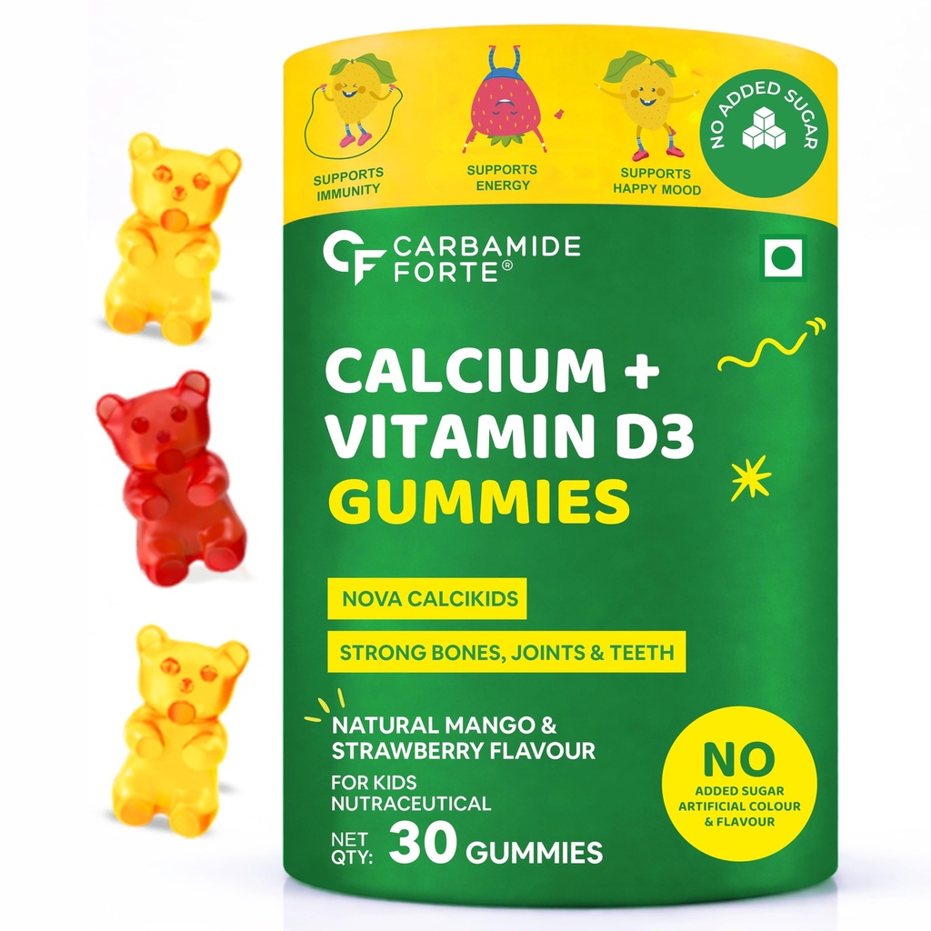 Carbamide Forte Calcium for Kids + Vitamin D3 Gummies | Calcium Gummies for Kids With Phosphorus | Mango & Strawberry Flavour | 30 Veg Gummy