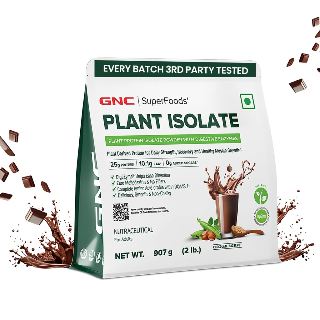 GNC Plant Protein Isolate Powder | 25g Protein Complete Amino Acid Profile with PDCAAS 1 Score | DigeZyme® For Faster Absorption | No Added Sugar | Delicious & Non-Chalky | Chocolate Hazelnut (2lbs)