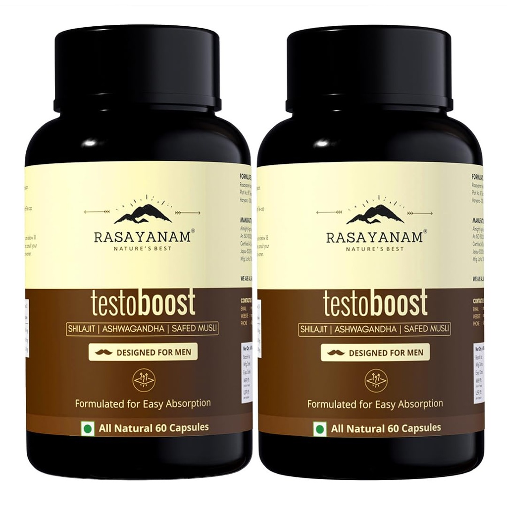 Rasayanam Testoboost (500mg) | 3-in-1 T-Level Supplement for Men with Shilajit, Ashwagandha & Safed Musli | Supports Muscle Growth, Energy, Strength, Stamina & Performance - 60 Capsules each (Pack of 2)