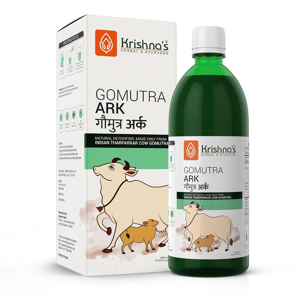 KRISHNA'S HERBAL & AYURVEDA Desi Cow Gomutra Ark 1000 Ml Liquid| Natural Detoxifier | 100% Pure & Natural Go Ark | Indian Tharparakar Gomutra | Sugar Free With No Added Color Or Flavour - (Pack Of 1)