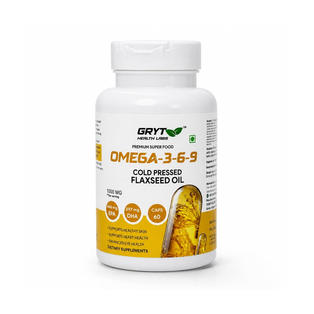 Omega 3-6-9 Cold Pressed Flaxseed Oil Capsules 1000mg Per Serving | Plant-Based Omega Supplement | Supports Heart, Skin & Eye Health | Vegetarian Soft Capsules | 60 Capsules