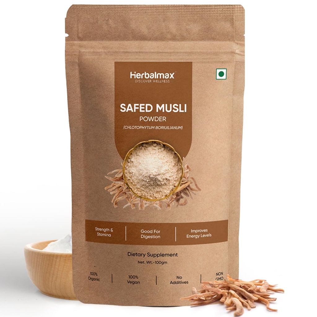 Herbal Max Organic Safed Musli Root Powder – 100g | Ayurvedic Supplement for Strength, Stamina, Vitality & Performance | Herbal Health Booster