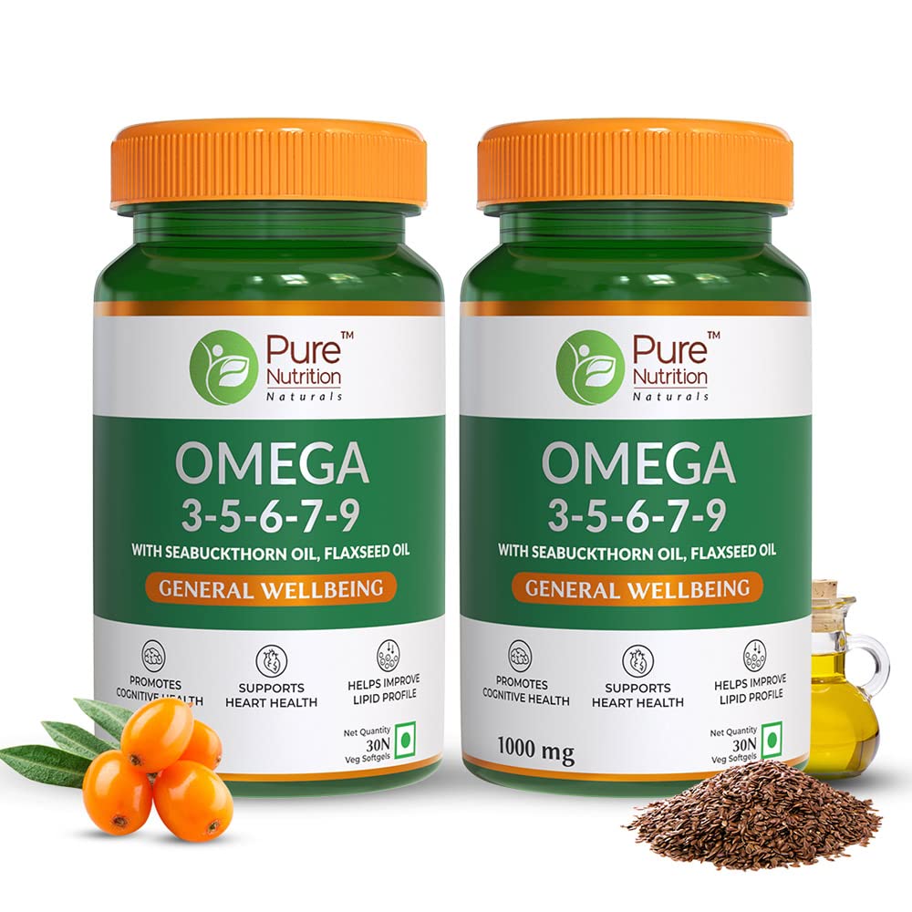 Pure Nutrition Vegan Omega 3-5-6-7-9 | 60 Veg Softgels (30 x 2) | Blend of Seabuckthorn, Flaxseed, Pomegranate, Borage & Olive Oils | Supports Heart, Nerve, Kidney Health | Improves Lipid Profile & Lowers Cholesterol