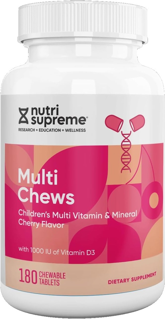 Delicious Kids Multivitamin, 180 Vegetarian Chews – Complete Children’s Supplement with Essential Vitamins and Minerals - Vitamin A, B, C, D3, Calcium, Iron, Folic Acid, Zinc – Cherry Flavor
