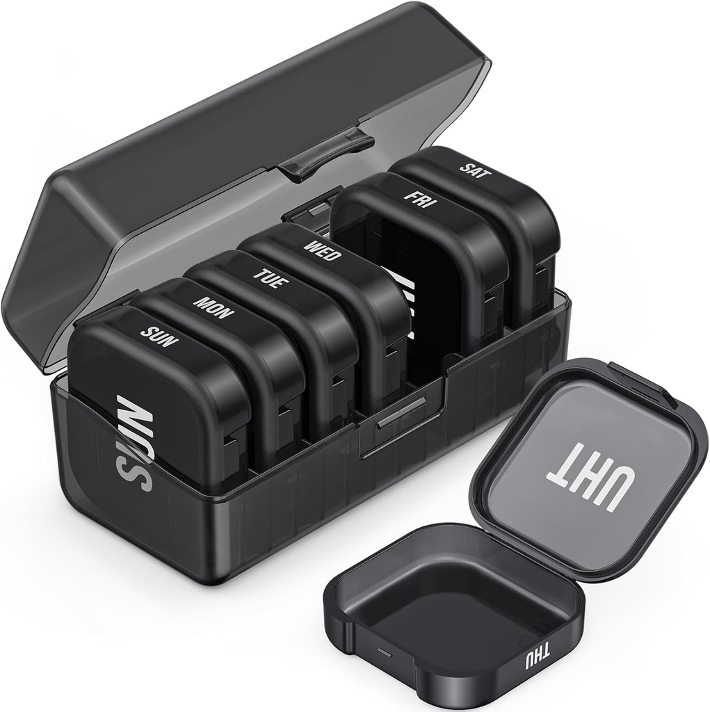 PULIV Daily Pill Organizer with 7 Large Separate Compartments, Portable Pill Box 7 Day for Pocket, Arthritis-Friendly Medication Organizer with Dual Protection for Big Vitamins, Fish Oils (Black)