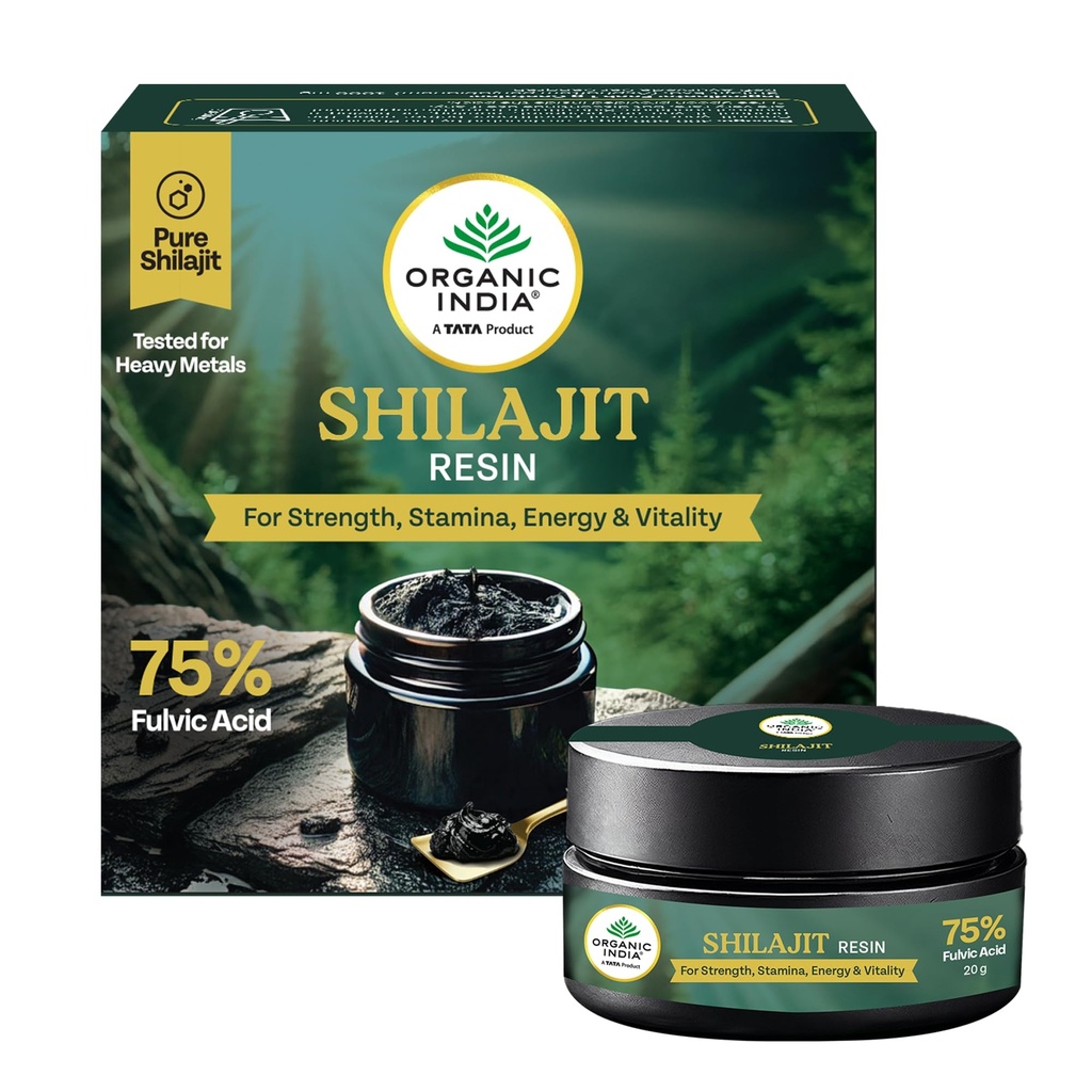 A TATA Product - Organic India Shilajit Resin, 20g, For Strength, Stamina, Energy & Vitality, 75% Fulvic Acid, Boosts Strength & Endurance, Triphala Purified, Tested For Heavy Metals