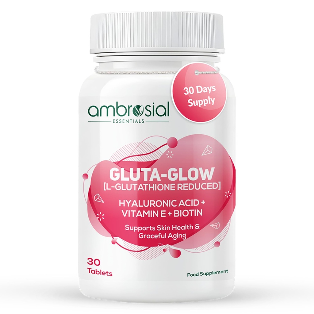 Ambrosial Gluta-Glow L-Glutathione 500mg Tablets with Vitamin C, Vitamin E, Hyaluronic Acid, Lycopene & Biotin – Japanese L Glutathione Supplement – 30 Vegan Tablets