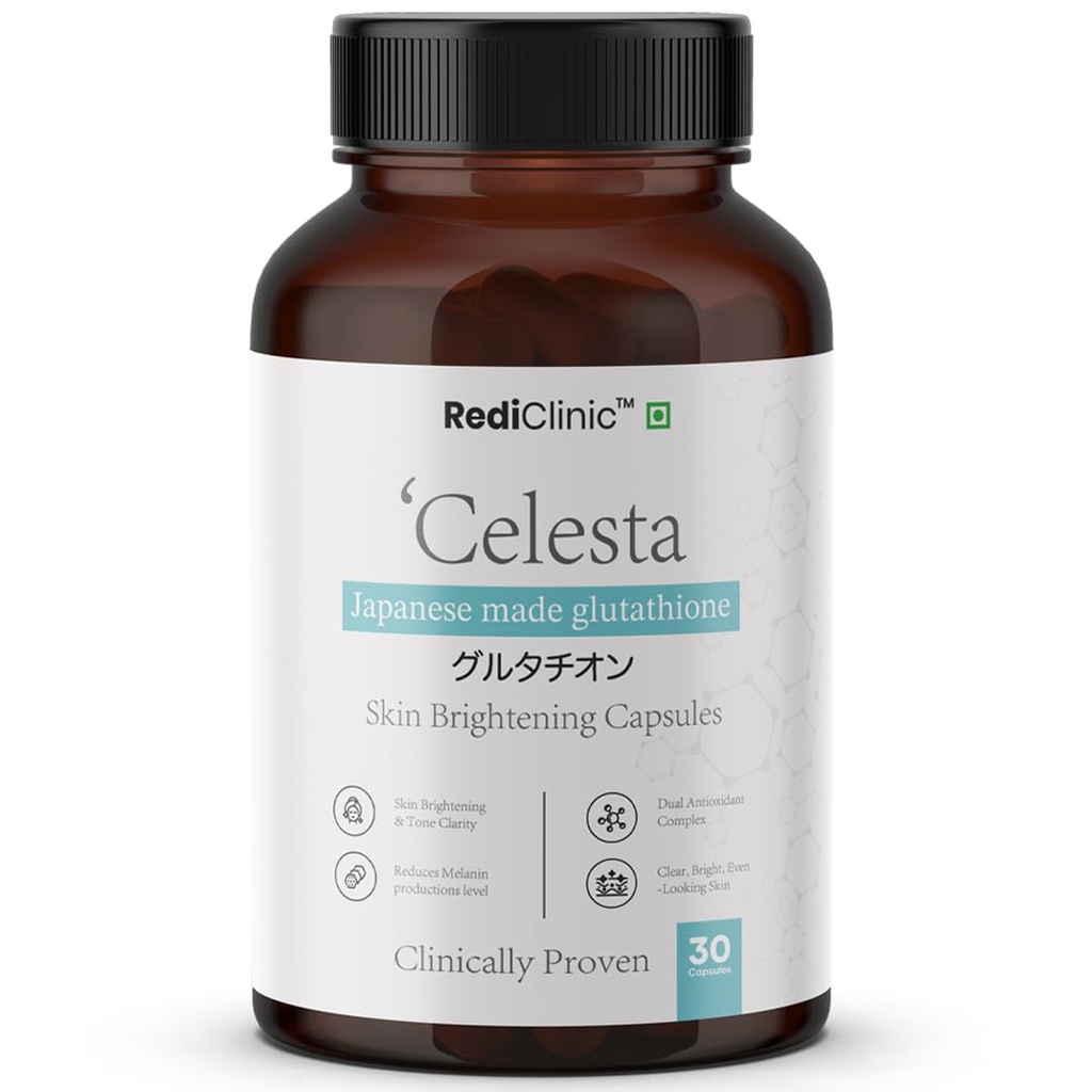 Celesta Japanese Glutathione Capsules | Glutathione Supplement with Vitamin C | Skin Glow, Even Skin Tone & Antioxidant Support | Helps Reduce Dark Spots, Brighten & Hydrate Skin | 30 Capsules - Pack of 1