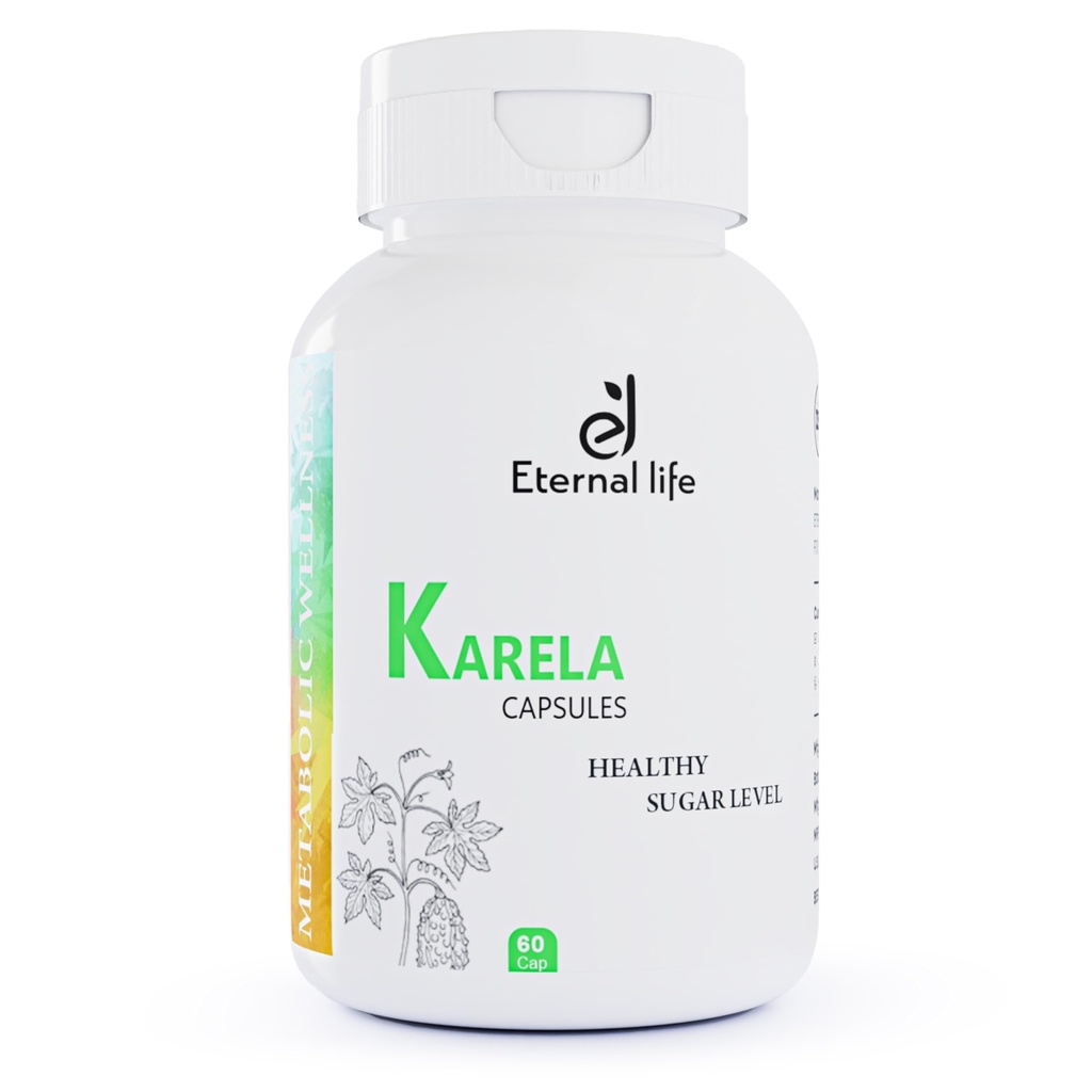 Eternal Life Ayurveda Karela capsules for Diabetes, Manage Sugar Levels and Improved Metabolism, Powerful Blood Purifier for Glowing Skin - 60 Veg capsules Pack of 1