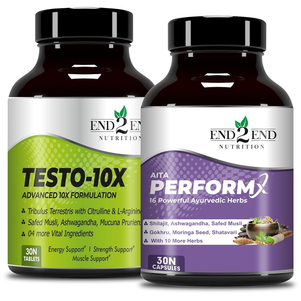 End2End Nutrition Testo-10X and PerformX Natural Testosterone Booster Supplement for Men with Shilajit, Tribulus, Ashwagandha, Safed Musli | Strength, Stamina and Performance (Combo Pack) - 30x2 N