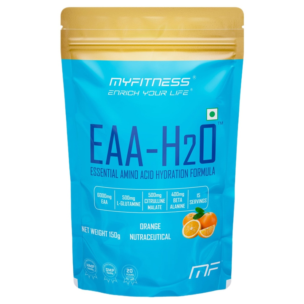 Myfitness EAA Supplement For Men & Women | EAA H2O 150g | 6000mg Essential Amino Acids | Added Glutamine | Citrulline Malate | Beta Alanine | Taurine | Electrolyte Blend | (150g, Orange)