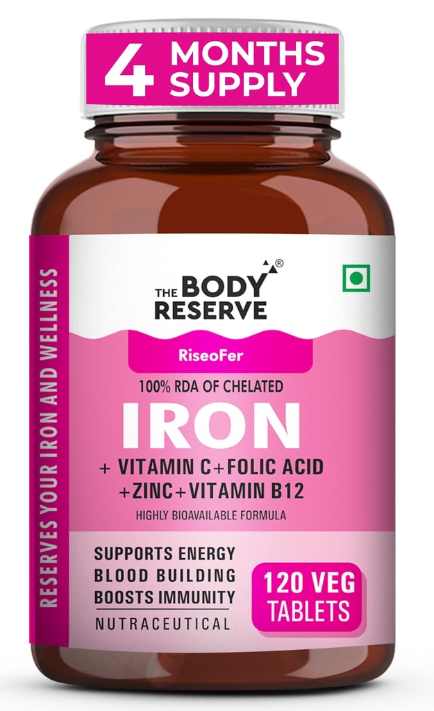 The Body Reserve Chelated Iron + Vitamin C Tablets-120 capsules with Vitamin B12,Zinc,Folic Acid,Beetroot Extract-High Absorption,Supports Blood Building,Energy & Immunity,100% RDA,1 count